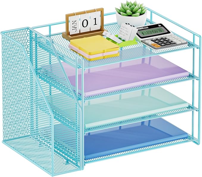 Marbrasse Desk Organizer and Accessories,4-Tier Paper Letter Tray Organizer with File Holder,Desk Accessories & Workspace Desktop Organizers for School Home Office Supplies (Blue)