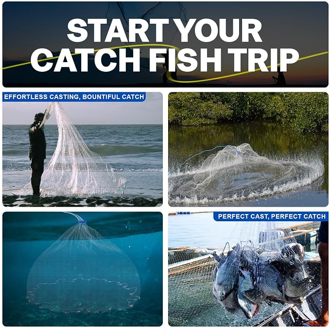 Goture American Fishing Cast Net Saltwater Freshwater,3/8in Mesh Size Casting Net for Bait Fish Shrimp Trap,Heavy Duty Sinkers Dual Color Double Selvage,10ft Radius Throw Cast Net