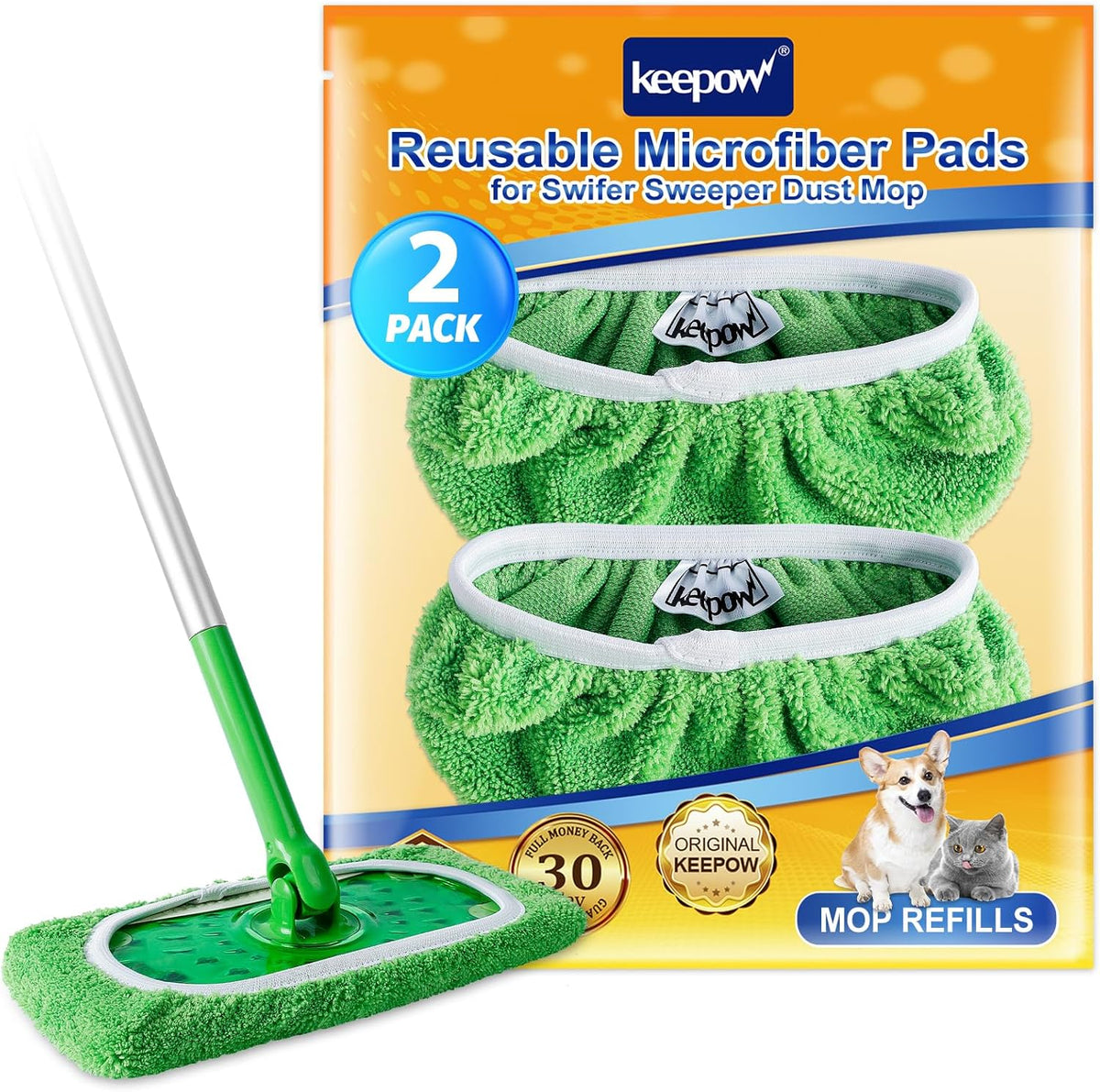 KEEPOW Reusable Microfiber Mop Pads for Swiffer Sweeper Mop, Washable Wet Pad Refills for Wet & Dry Use, Microfiber Dry Sweeping Cloths for Hardwood Floor Cleaning, 2 Pack (Mop is Not Included)