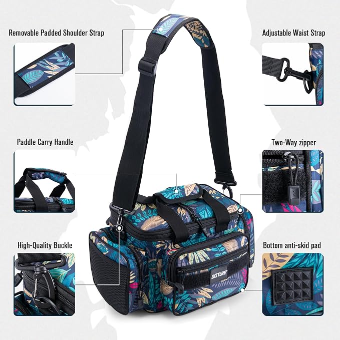 Goture Fishing Tackle Bag, 600D Water-Resistant Soft Side Crossbody Sling Bag for Men & Women,Small Gear Storage Tactical Bags for Saltwater & Freshwater,Fits 4 3600 Tackle Boxes (Not Included)