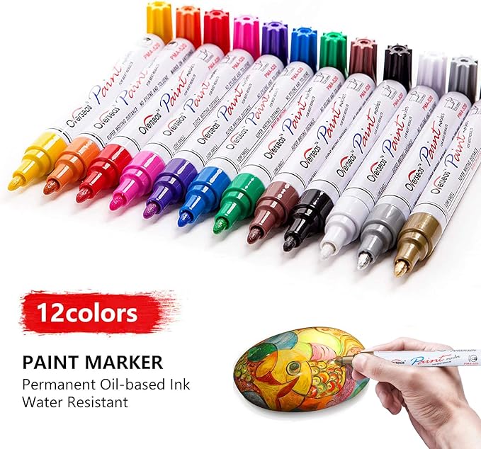Overseas Paint Markers Pens, 12 Colors Painting Marker on Almost Anything, Quick Dry and Permanent, Oil-Based Paint Pens Set for Rock, Wood, Metal, Fabric, Plastic, Canvas, Glass, Rubber, DIY Craft