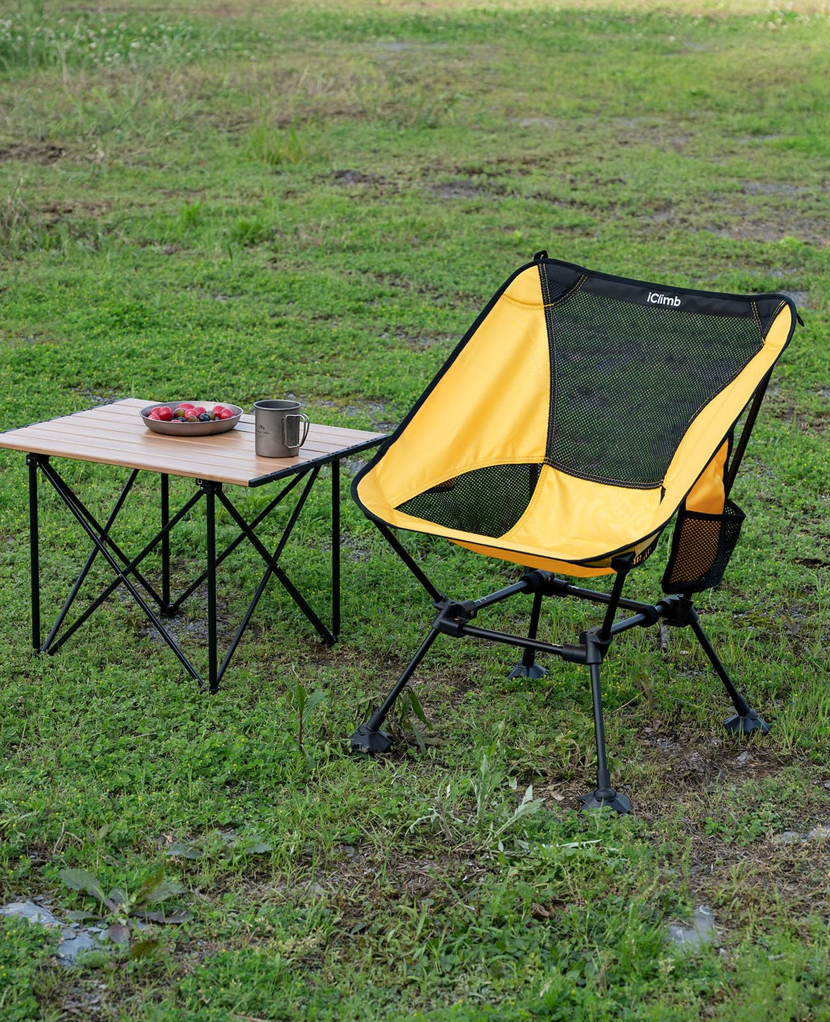 iClimb Ultralight Compact Camping Folding Beach Chair with Anti-Sinking Large Feet and Back Support Webbing (Yellow - Square Frame)