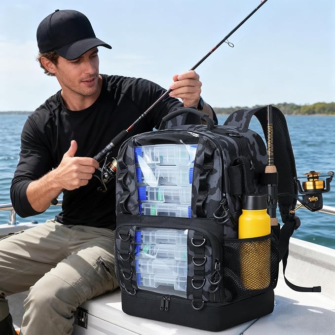 Fishing Tackle Backpack with 4 Tackle Boxes,45L Large Tackle Bag with 2 Rod Holders & Clear Window,Outdoor Fishing Backpack for Fishing,Camping,Hiking,Camouflage
