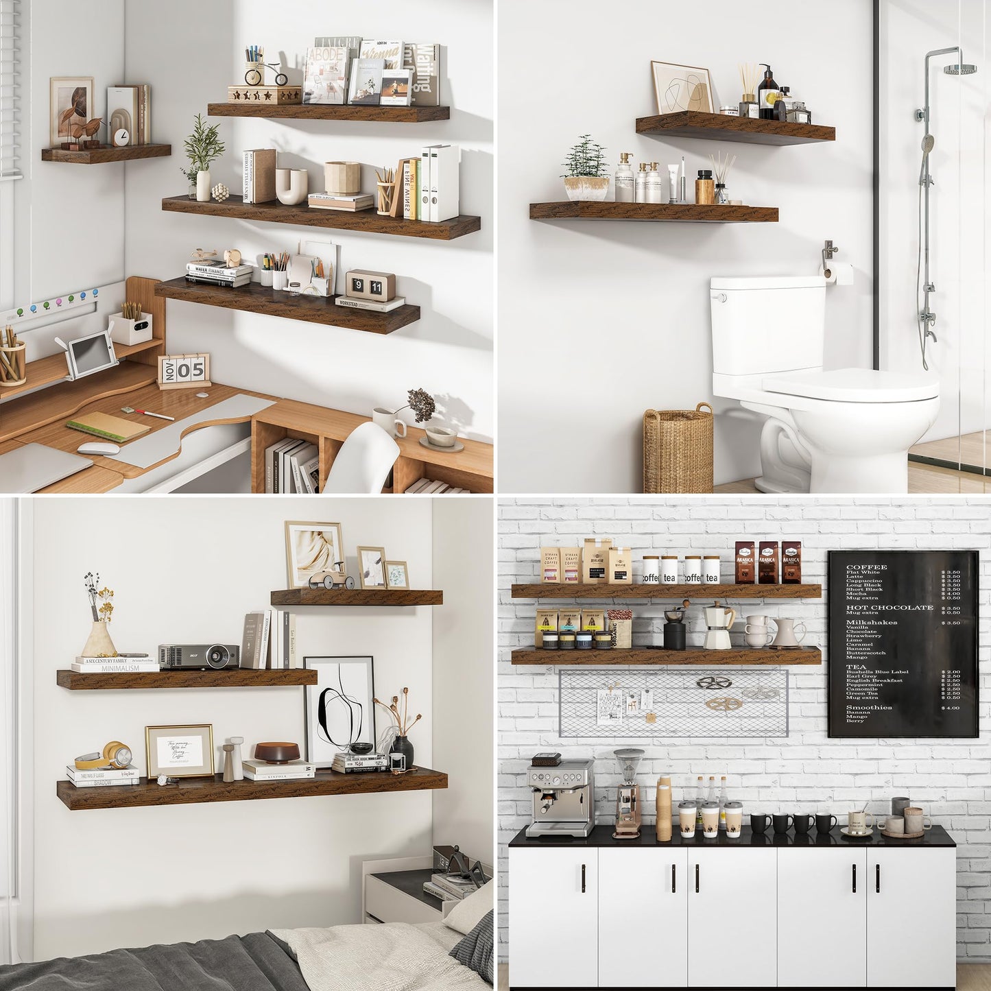 RICHFOCUS 48Inch Floating Shelves for Wall 2 Pack Shelves for Bedroom|Kitchen|Bathroom Wall Mounted Rustic Wood Floating Shelf with Invisible Brackets for Books|Storage|Decor, Rustic Brown