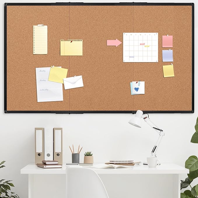 Board2by Extra Large Cork Bulletin Board 96" X 48", Foldable Notice Pin Board for Wall, Black Aluminum Framed 8'x4' Corkboard, Wall Mounted Noticeboard with 36 Push Pins for School, Home & Office