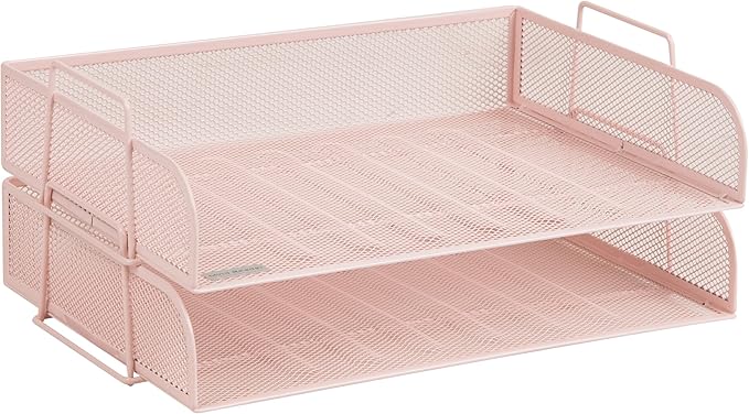 Mind Reader Stackable Paper Tray, Desktop Organizer, File Storage, Office, Metal Mesh, 13.25" L x 9.75" W x 6.25" H, 2 Pcs., Pink