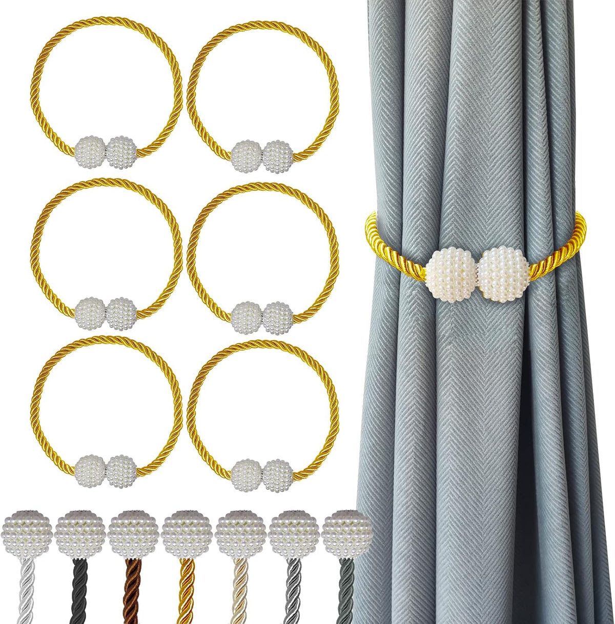 Hion Magnetic Curtain Tiebacks Golden 6 Pack, Curtain Tiebacks Buckles Holdbacks Holders Hooks Clip for Home Bedroom Office Decorative Thick or Thin Curtain