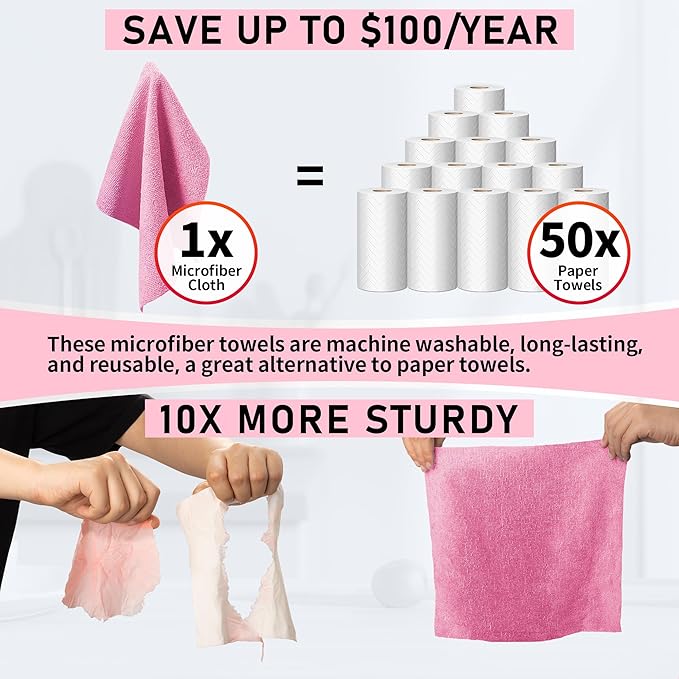 HOMERHYME Microfiber Cleaning Cloth Roll, 75 Pack Tear Away Microfiber Towel, Reusable Washable Shop Towels, Lint Free Cleaning Rags for Car Home Kitchen Garage & Automotive 11.5"x11.5" Pink