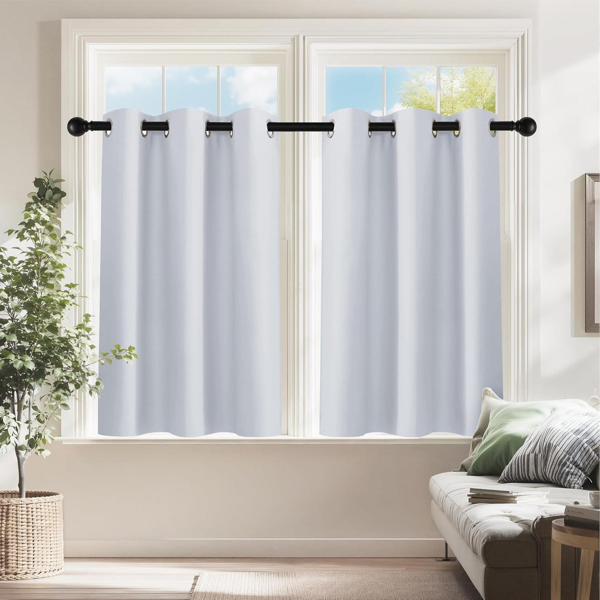 PONY DANCE Room Darkening White Curtains - Energy Efficient Small Window Curtains for Kids Nursery/Dining Room/Bathroom, W 34 x L 24 inch per Panel, Grayish White, Set of 2 Panels