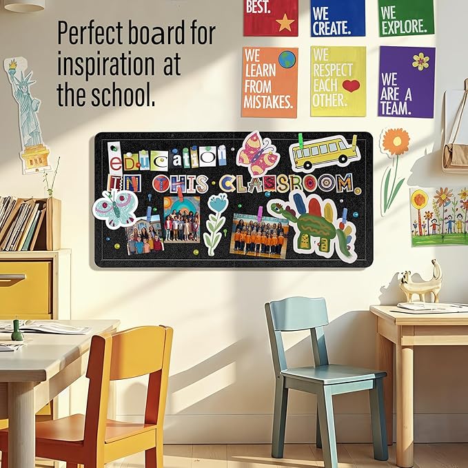 Large Bulletin Board 36 x 18 Inches - Foldable Felt Bulletin Board for Wall, Cork Board Alternative with 50 Color Pins & 6 Note Pads, Vision Board - Black