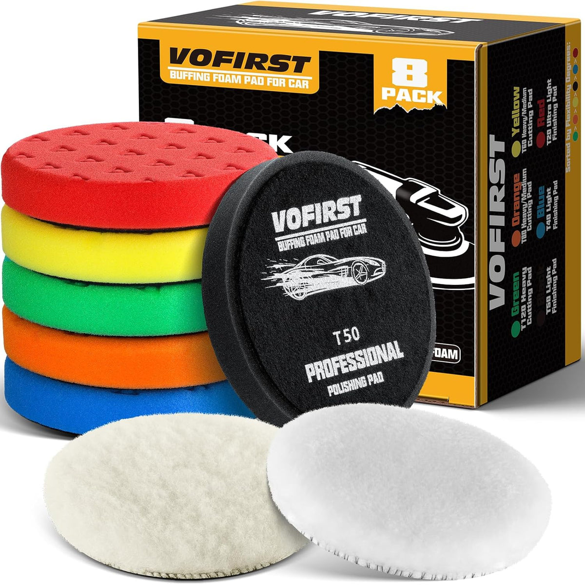 8 Pcs Polishing Pads, Buffing Pads 5.5 Inch 138mm for 5 Inch Backing Plate, High-Density & Reusable Buffing Sponge Pads and Woolen Pads Cutting Polishing Pad Kit for Car Buffer Polisher & Waxing