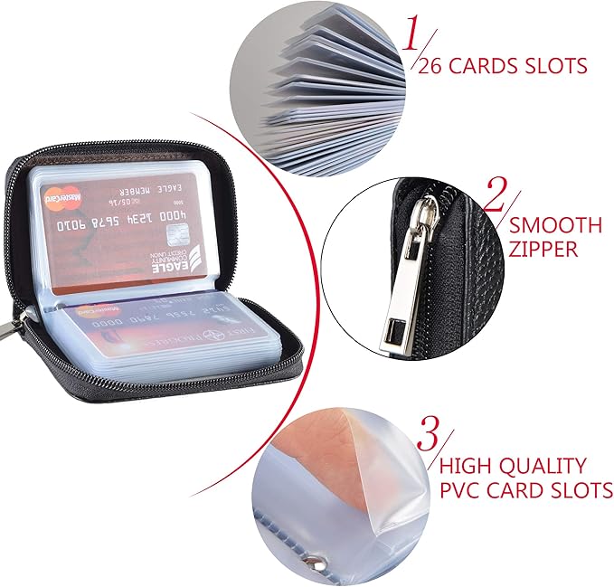 Easyoulife Genuine Leather Credit Card Holder Zipper Wallet With 26 Card Slots