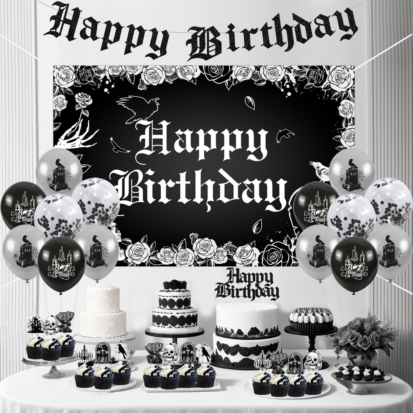 Fangleland Gothic Birthday Decorations, Skull Theme Happy Birthday Backdrop Cake Topper Banner, Black Silver Cupcake Picks Balloons Bday Party Supplies Photography Background for Men Women