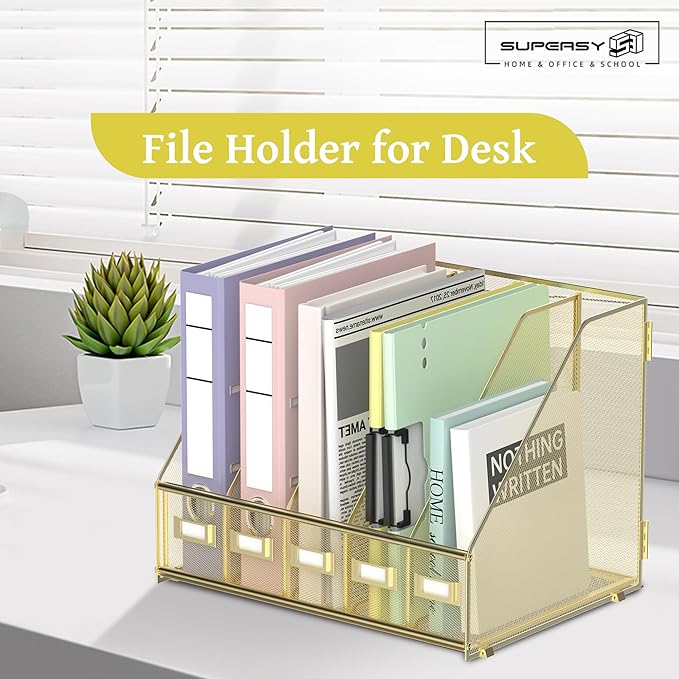 SUPEASY Desk Organizers Metal Desk Magazine File Holder with 5 Vertical Compartments Rack File Organizer for Office Desktop, Home Workspace, Gold Plus