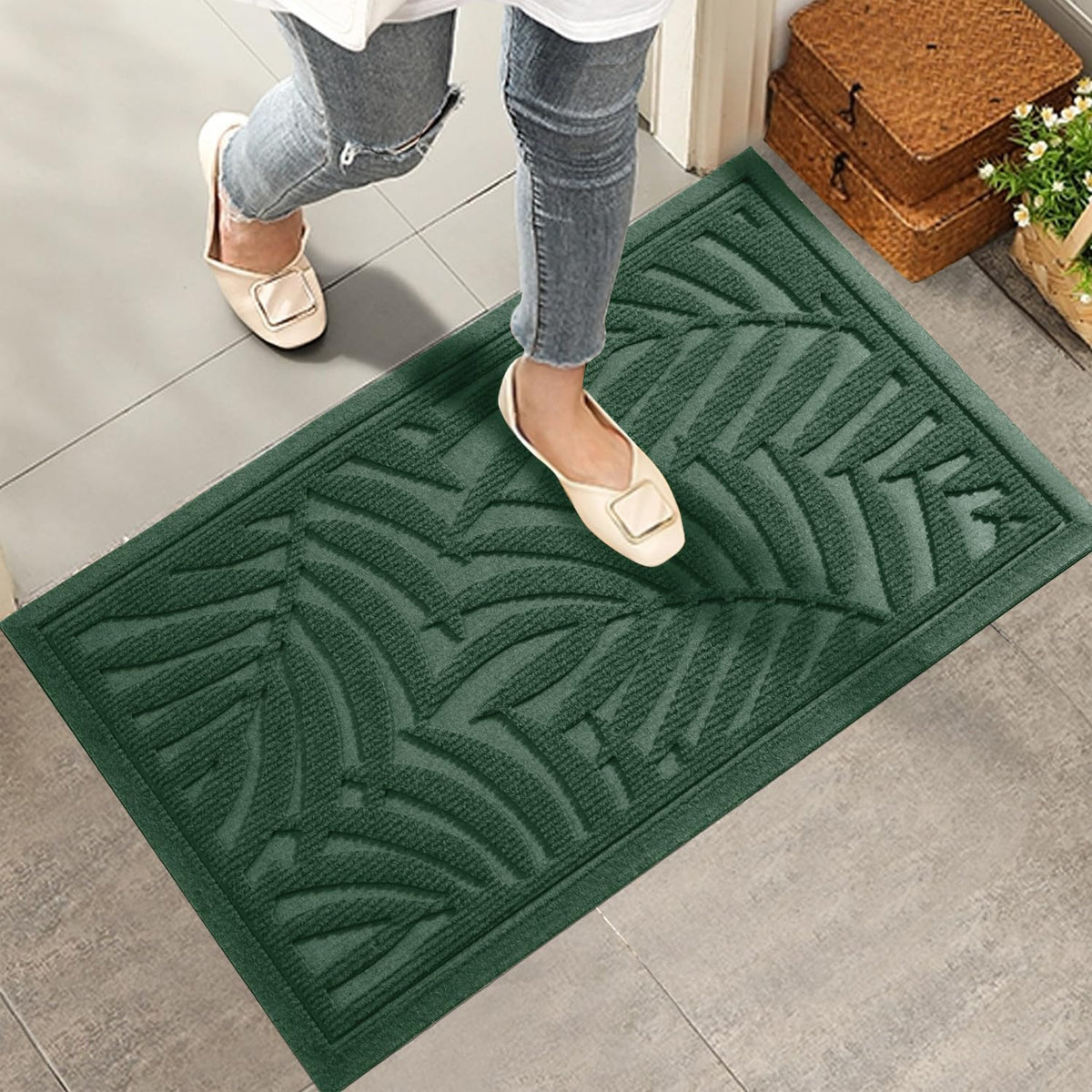 Front Door Mat, Absorbent Resist Dirt Welcome Door Mat Indoor Outdoor, Waterproof Doormat, Sturdy Non Slip Backing, Fade Resistant, Low Profile Entry Mat for Entryway, 36Ã24, Green