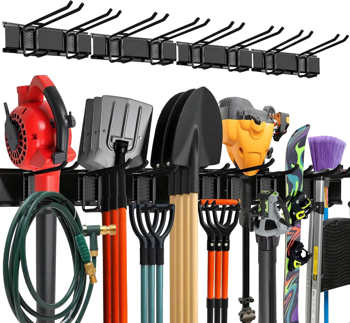 Garage Wall Organizer | 64" Heavy-Duty Tool Storage Rack | Adjustable Double-Layer Hooks | 400 lbs Capacity | Carbon Steel Wall Mount Holder for Shovels, Rakes, Ladders & Power Tools