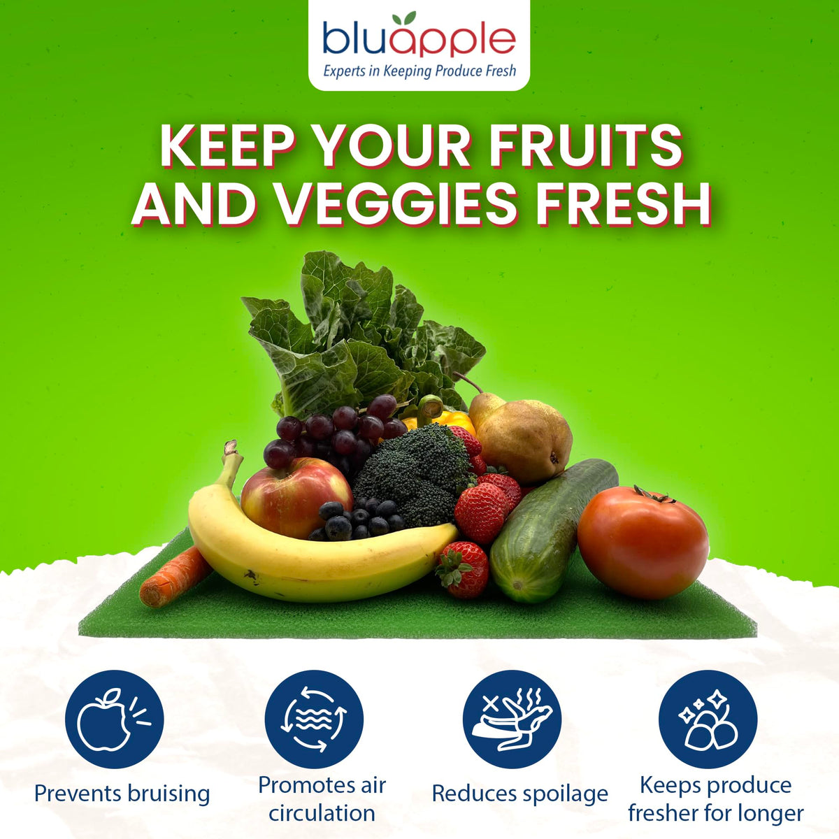 Bluapple FreshMats - Refrigerator Bin Liners, Fridge Drawer Mats - Keeps Produce Fresh Longer, Prevents Bruising, Promotes Air Circulation - BPA-Free Polyurethane Foam - (4-Piece Set, 12"x15", Green)