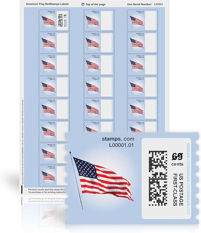 American Flag NetStamps 120-Pack (5 Sheets) Printable Postage Labels (Stamps.com Subscription Required) - Print Approved Postage - Inkjet & Laser Printers - Business, Personal, Home