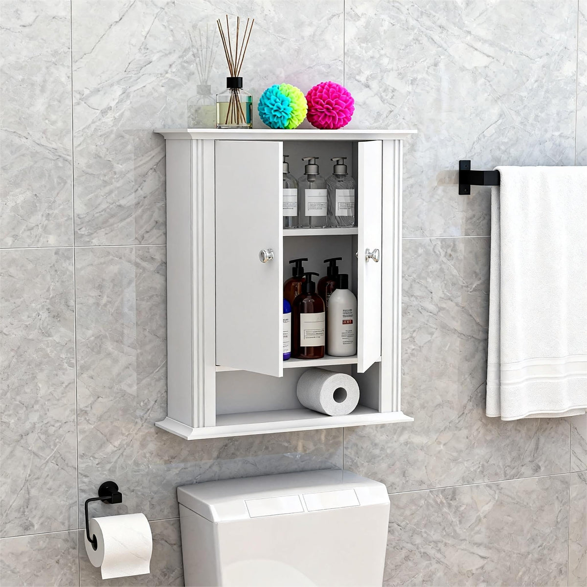 White Bathroom Wall Cabinet, Over the Toilet Storage Cabinet, Bathroom Cabinet Wall Mount, 2 Doors & Hooks, Medicine Cabinet Organizer, Hanging Wall Cabinet Cupboard for Kitchen Laundry Room White