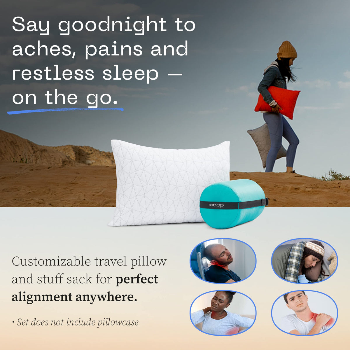 Coop Home Goods Original Travel and Camping Adjustable Pillow, Small Camping Pillow with Compressible Stuff Sack, Medium-Firm Memory Foam with Lulltra Washable Cover, CertiPUR-US Certified (19x13)