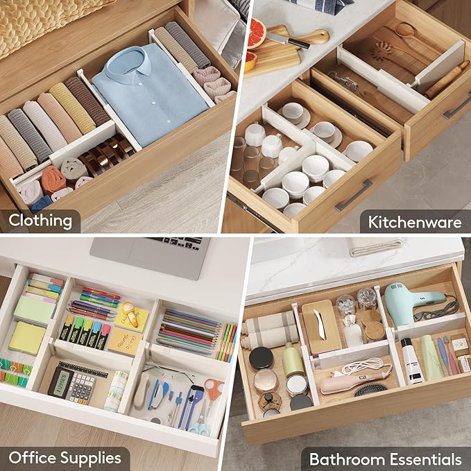 Lifewit 6 Pack Drawer Dividers 4" High, 11-17" Adjustable Drawer Organizers for Clothes, Expandable Dresser Separators in Bedroom/Bathroom/Kitchen/Fridge/Office Organization and Storage, Beige