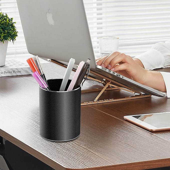 Leader Gifts,Metal Pen Holder Aluminum Pencil Holder for desk,Round Desktop Organizer and Black Pencil Cup for Office, School, Home and Stationary Supplies