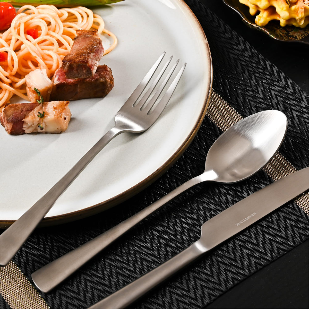 KINGSTONE Forged Silverware Set, 20 Piece Flatware Set for 4, 18/10 Stainless Steel Silverware Matte Satin Finish Dishwasher Safe