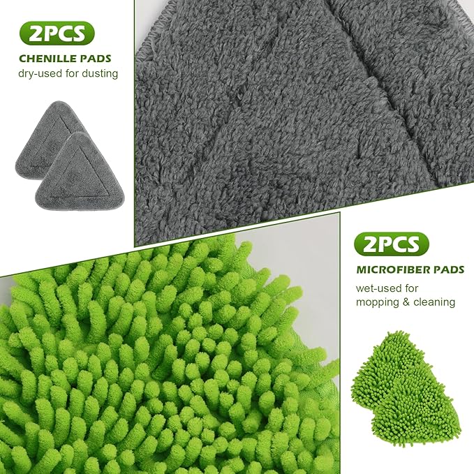 Wall Cleaner Triangle Mop with 82'' Long Handle - Wall Scrubber, Cleaning Washer Tool with 4 Microfiber Chenille Duster Pads for Clean Walls, Ceiling, Windows, Baseboards, Floors (Green)