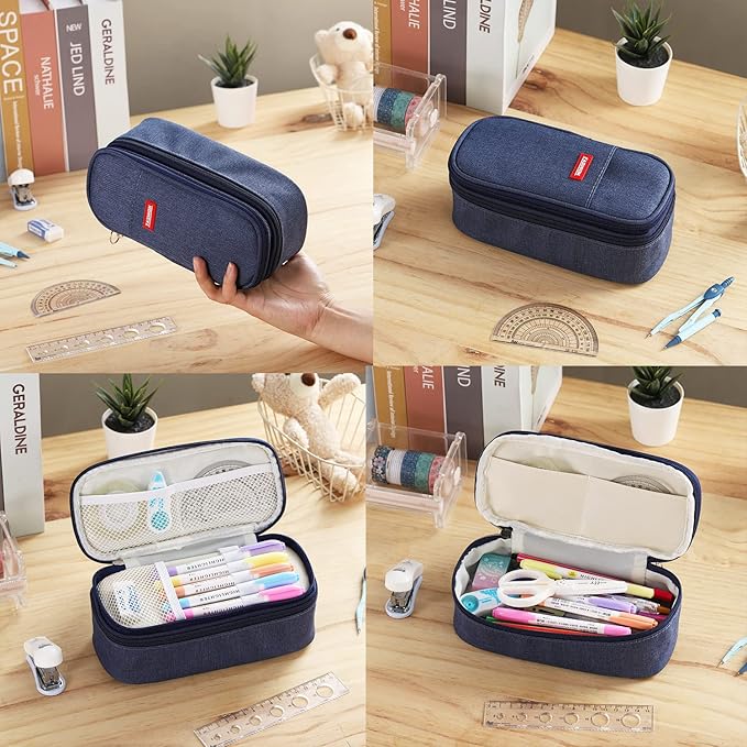 Big Pencil Case Large Capacity Pencil Bag with Zipper Pencil Pouch for Boys Girls Kids Adults Stationery Pencil Pen Case Organizer for School Office Blue
