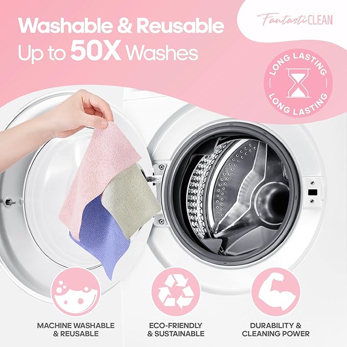 Fantasticlean Microfiber Cleaning Cloth Roll -60 Pack, Tear Away Paperless Towels, 8" x 8", Reusable Washable Rags, for Home Kitchen, Pet, Office, Indoor Outdoor, Compact and Portable (Pink)