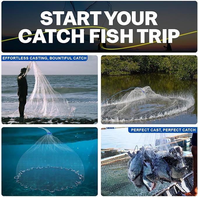 Goture American Fishing Cast Net Saltwater Freshwater, Heavy Duty Sinker, Dual Color Double Selvage, Increased Cast Net Area, 3/8 Mesh Fish Throw Cast Net with Needle for Shrimp Trap, 6Ft Radius