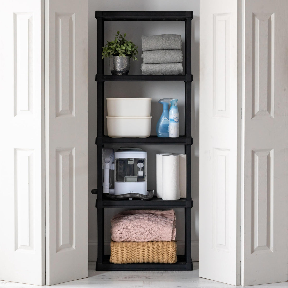 IRIS USA 5-Shelf Light Duty Plastic Storage Shelves, 250lb Capacity, 64"H x 24"W x 12"D, Medium Modular Shelving Unit Storage Organizer for Garage, Home, Bathroom & Laundry, Storage Rack - Black