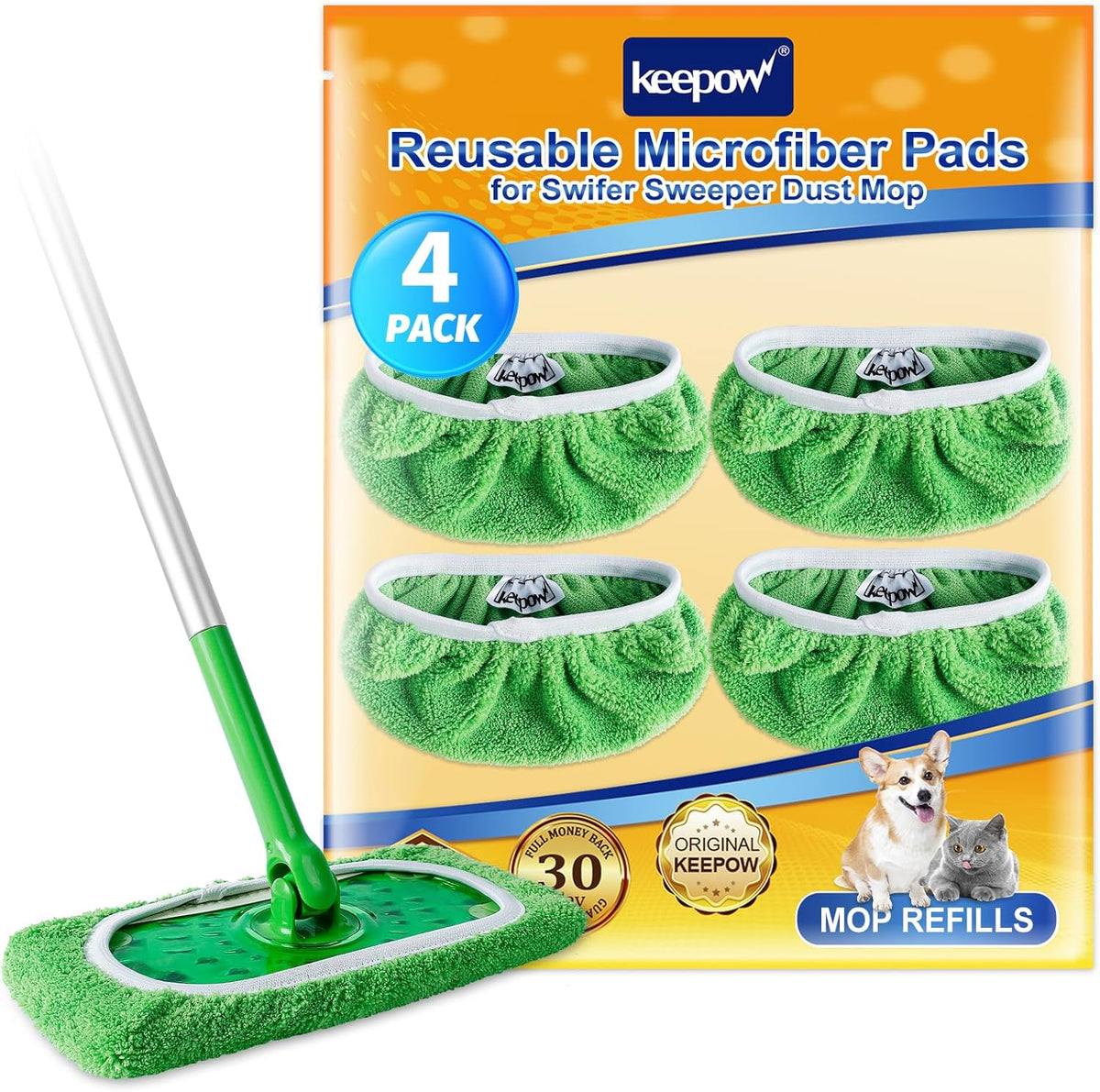 KEEPOW Reusable Wet Pads Refills Compatible with Swiffer Sweeper Mop, Dry Sweeping Cloths, Microfiber Wet Mopping Cloths for Hardwood Floor Cleaning, 4 Pack (Mop is Not Included)