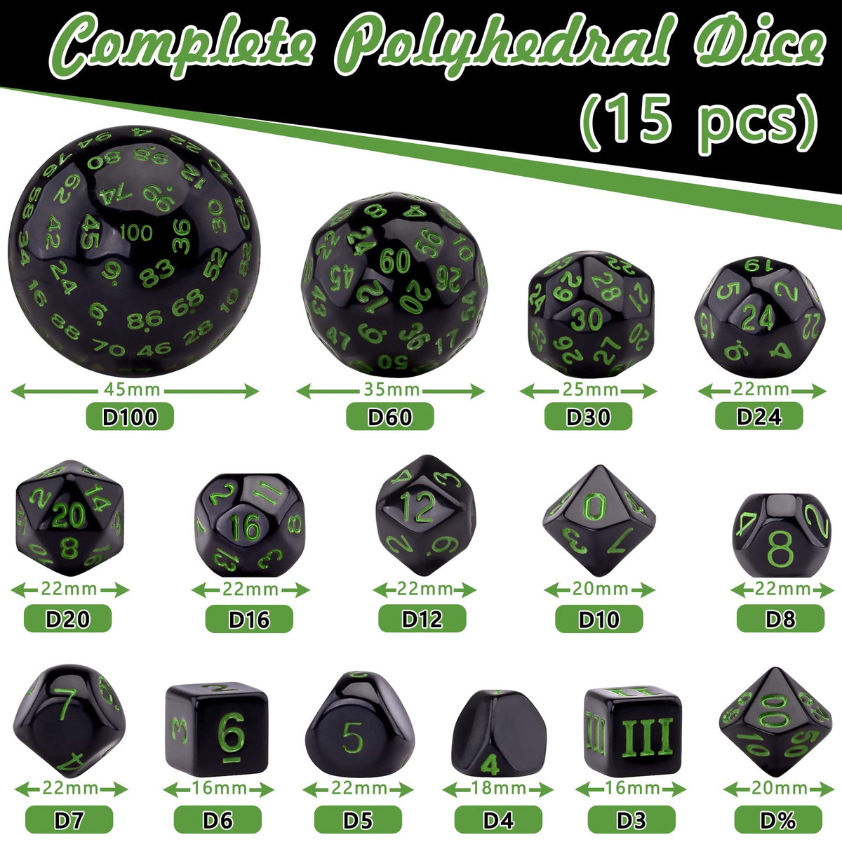 AUSTOR 15 Pieces Complete Polyhedral Dice Set D3-D100 Game Dice Set with a Leather Drawstring Storage Bag for Role Playing Table Games(Black & Green)