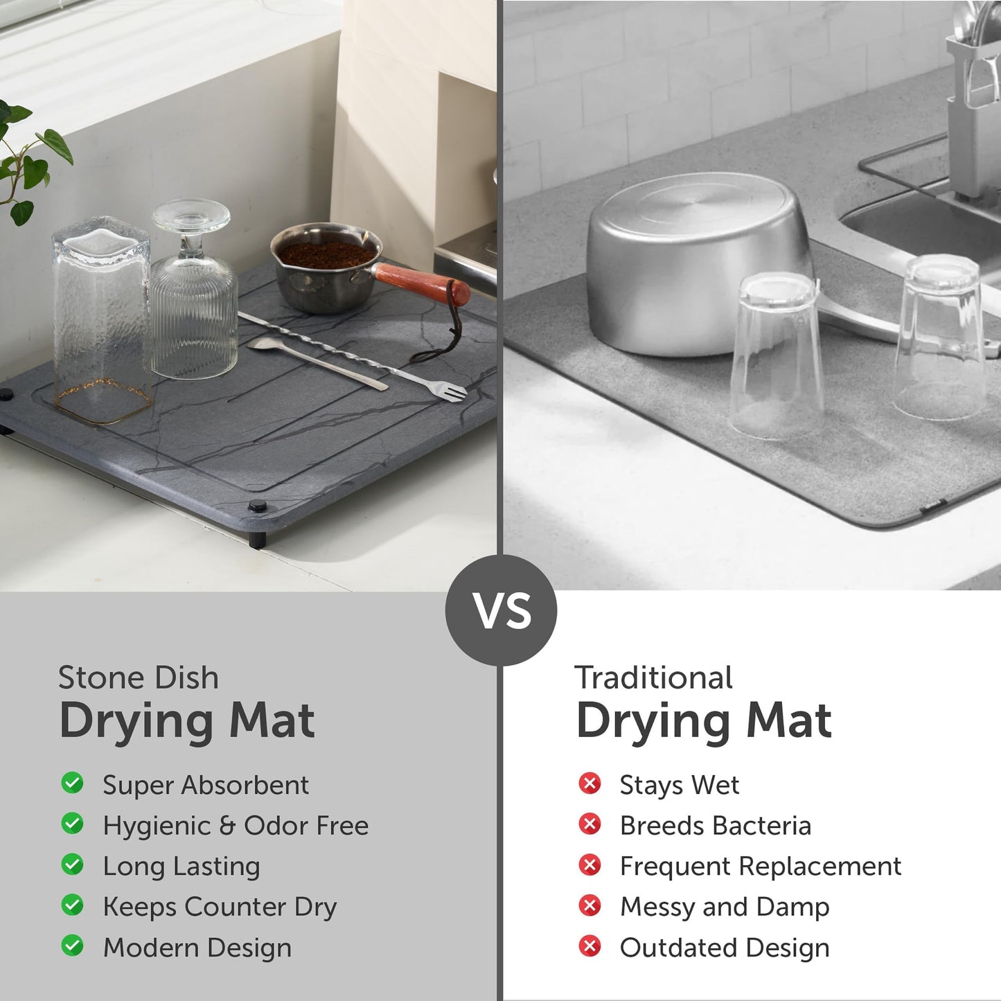 Stone Dish Drying Mat for Kitchen Counter, 100% Natural Drying Matt Kitchen Counter, Quick Drying, Non-Toxic, BPA-Free, Eco-Friendly Stone Dish Drying Mat (Dark Gray 15.7x11.8" & 8"x4")