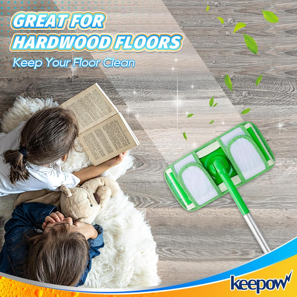 KEEPOW Reusable Mop Pads Compatible with Swiffer Sweeper Mop, Microfiber Dry Sweeping Cloths Washable Wet Mopping Cloth Refills for Hardwood Floor Cleaning, 3 Pack (Mop is Not Included)