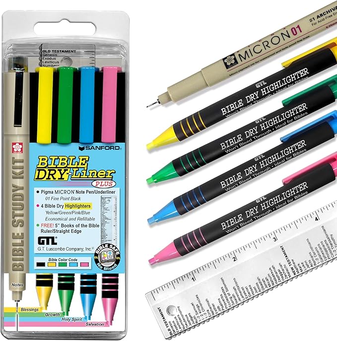 G.T. Luscombe Company, Inc. Bible Dry-Liner, Yellow, Green, Blue, Pink Highlighters, Pigma Micron 01 Black Ink, No Bleed, Underlining Writing Pen & Books of the Bible Ruler, 5-Piece Set Study Kit