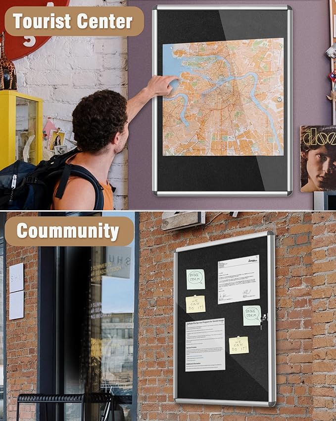 38"x28" Enclosed Bulletin Board, Lockable Weather-Resistant Aluminum Cork Noticeboard for School & Office, Silver Frame w/Black Flet