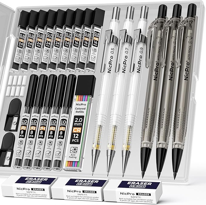 Nicpro 6 PCS Art Mechanical Pencils Set with Case, Drafting Pencil 0.5 & 0.7 & 0.9 mm and 3PCS 2mm Lead Holder (4B 2B HB 2H Colors) For Art Writing, Sketching Drawing,With Lead Refills Erasers