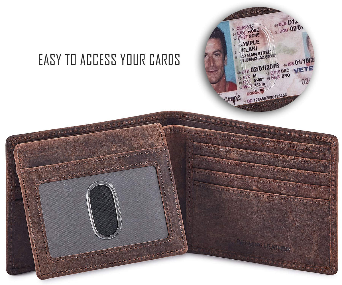 Bifold Wallet for Men's Real Genuine Slim Leather RFID Blocking 2 ID Windows Stylish Travel Gift Box (CRAZY HORSE, COGNAC)