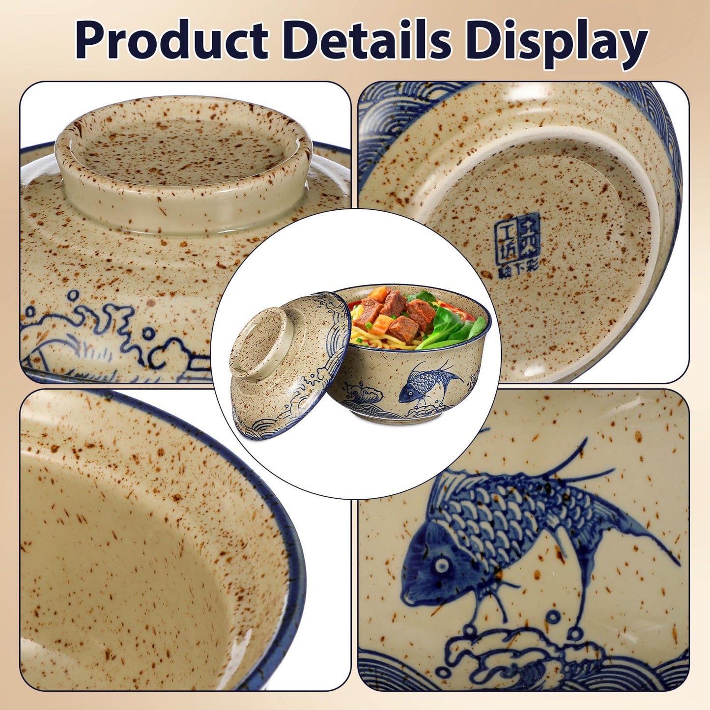 Cabilock 2 Pieces Ceramic Ramen Bowls, 25 Oz Large Soup Bowl with Lid, Spoon Chopstick Japanese Tableware for Noodles, Salad, Rice, Microwave Dishwasher Korean Clay Pot - Fish