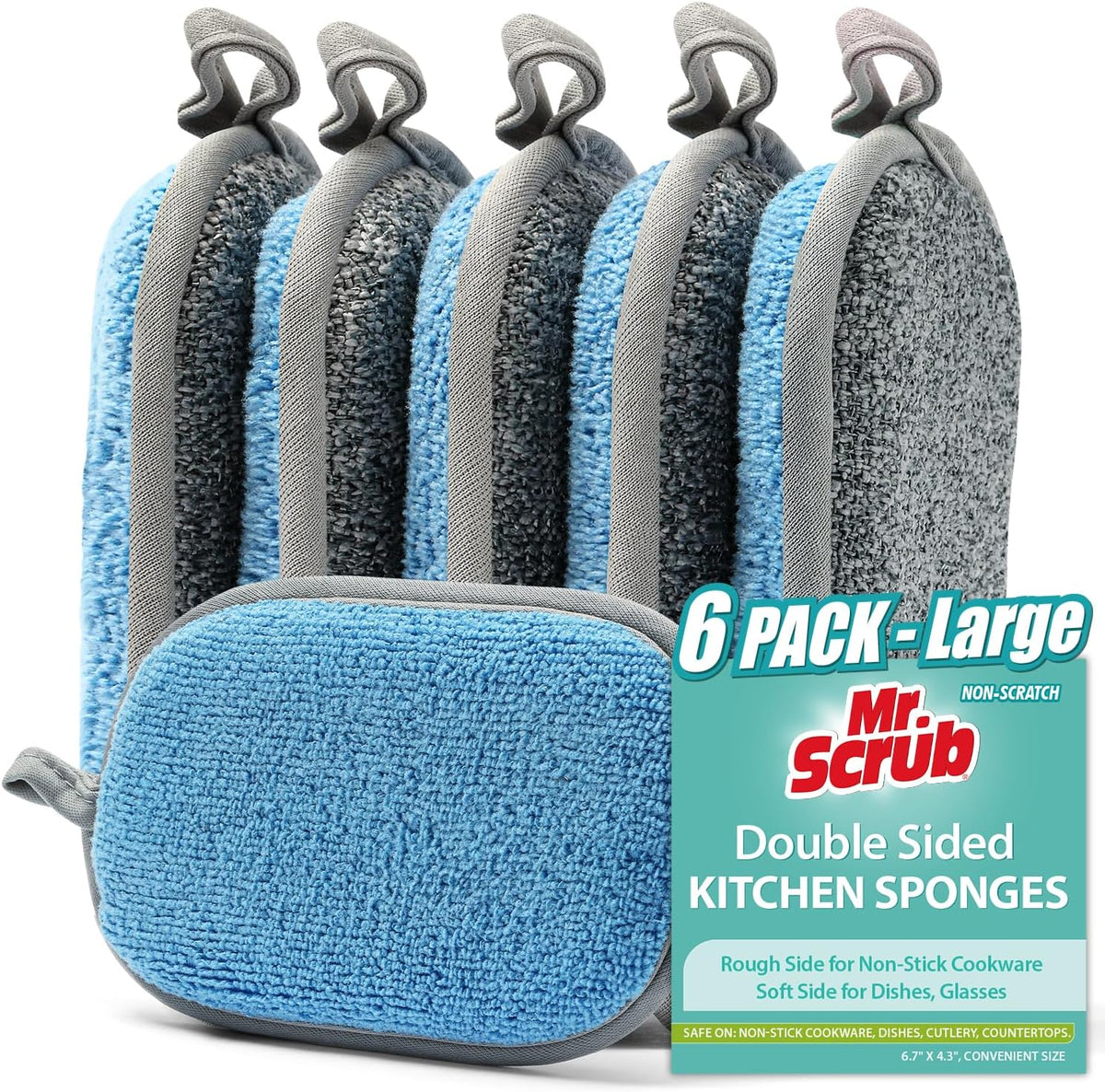 All-Purpose Sponges Kitchen, Non Scratch Dish Sponge for Washing Dishes Cleaning Kitchen, Rough Scrubbers Side for Non-Stick Cookware, Soft Microfiber Scrub Side for Dishesï¼6 Pack, Largeï¼