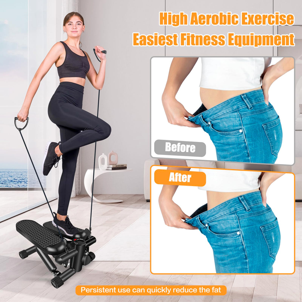 Hydraulic Fitness Stepper with LCD Monitor - Mini Stepper with 300LBS Loading Capacity and Resistance Bands