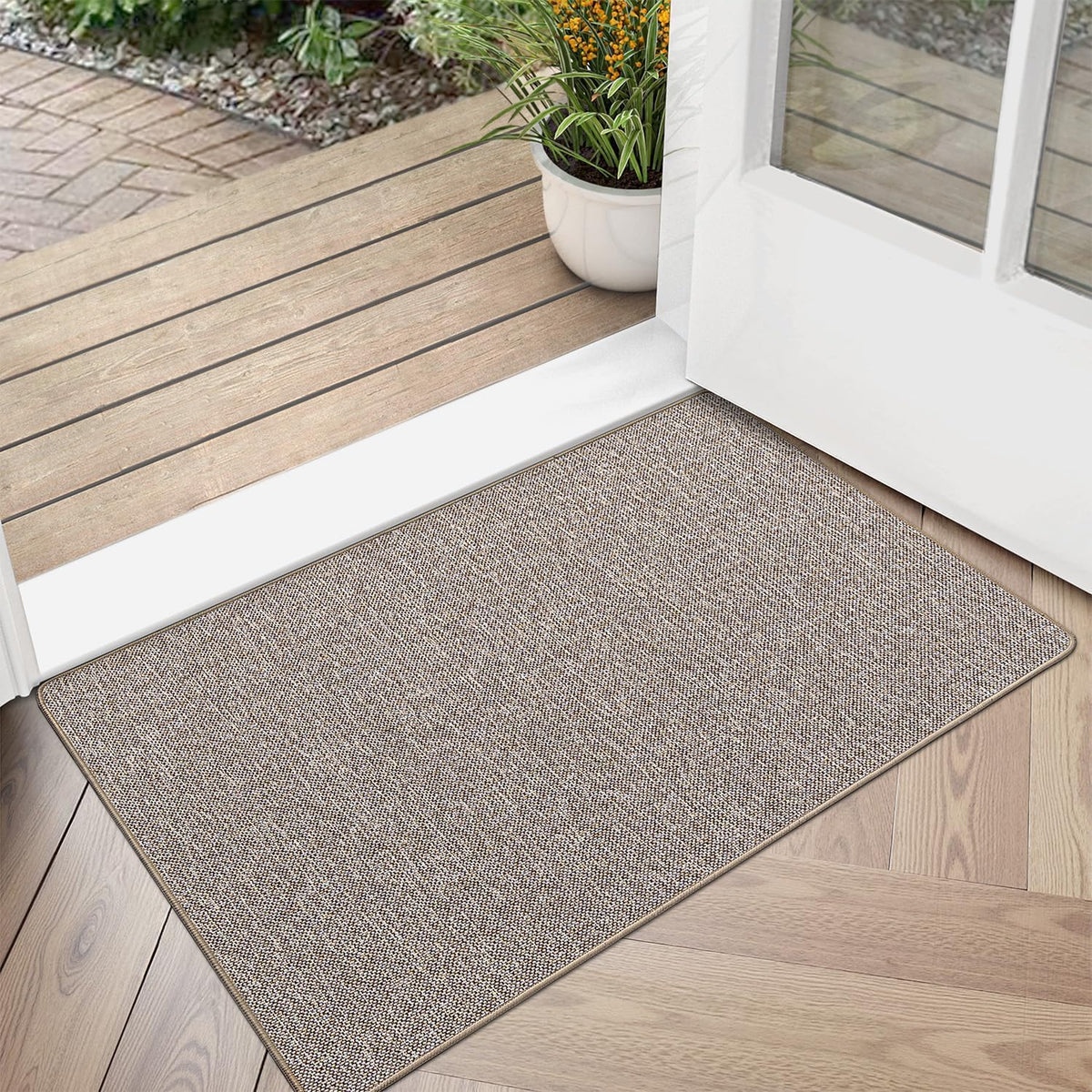 LUMI Ultra Thin Door Mat for Entryway, 24"x36" Low Profile Non Slip Rubber Backing Indoor Doormat, Easy Clean Welcome Entrance Mat for Inside House, Patio, Khaki