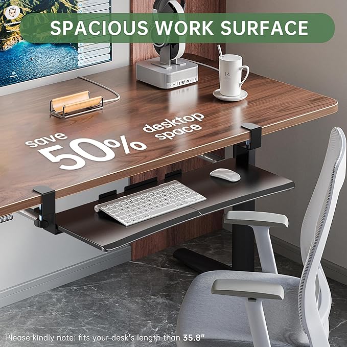 Extra Large Keyboard Tray Under Desk - Slide Out with Sturdy C-Clip Mount System, 31.5" (35.8" Including Clamps) x 11.8" Put-Out Keyboard Tray Computer Drawer for Ergonomic Typing, Black
