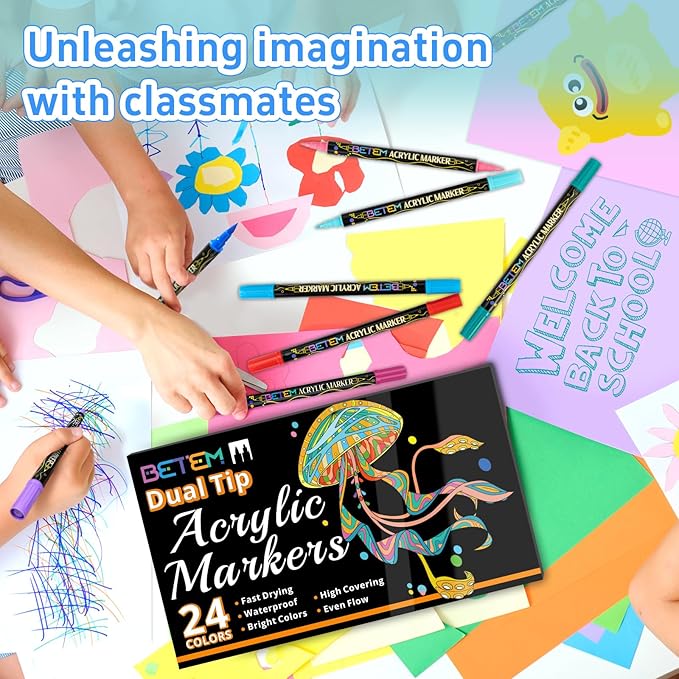 Betem Acrylic Paint Markers, Dual Tip 24 Colors Acrylic Paint Pens with Brush Tip and Fine Point, Art Supplies for Rock, Wood, Canvas, Stone, Glass, Ceramic, Rock Painting DIY Crafts Making Drawing