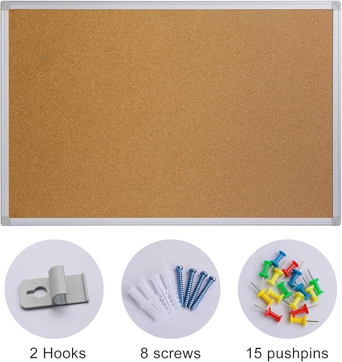 Board2by Large Cork Board Bulletin Board 48 x 36, Silver Aluminium Framed 4x3 Corkboard, Office Board for Wall Cork, Wall Mounted Notice Pin Board with 15 Push Pins for School, Home & Office