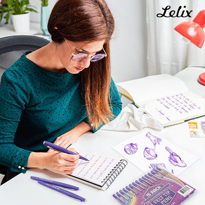 Lelix Felt Tip Pens, 30 Purple Pack, 0.7mm Medium Point, Felt Tip Markers Pens for Journaling, Writing, Note Taking, Planner, Perfect for School Office and Art Supplies