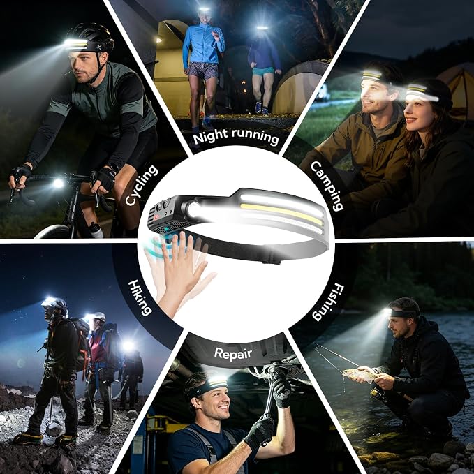 Headlamp Rechargeable 8-Pack,LED Head Torch with 8 Light Modes (White/Yellow/Red + Spotlight), Motion Sensor & Hands-Free Headband, USB Rechargeable for Camping, Running & Repairs, Fishing, Cycling