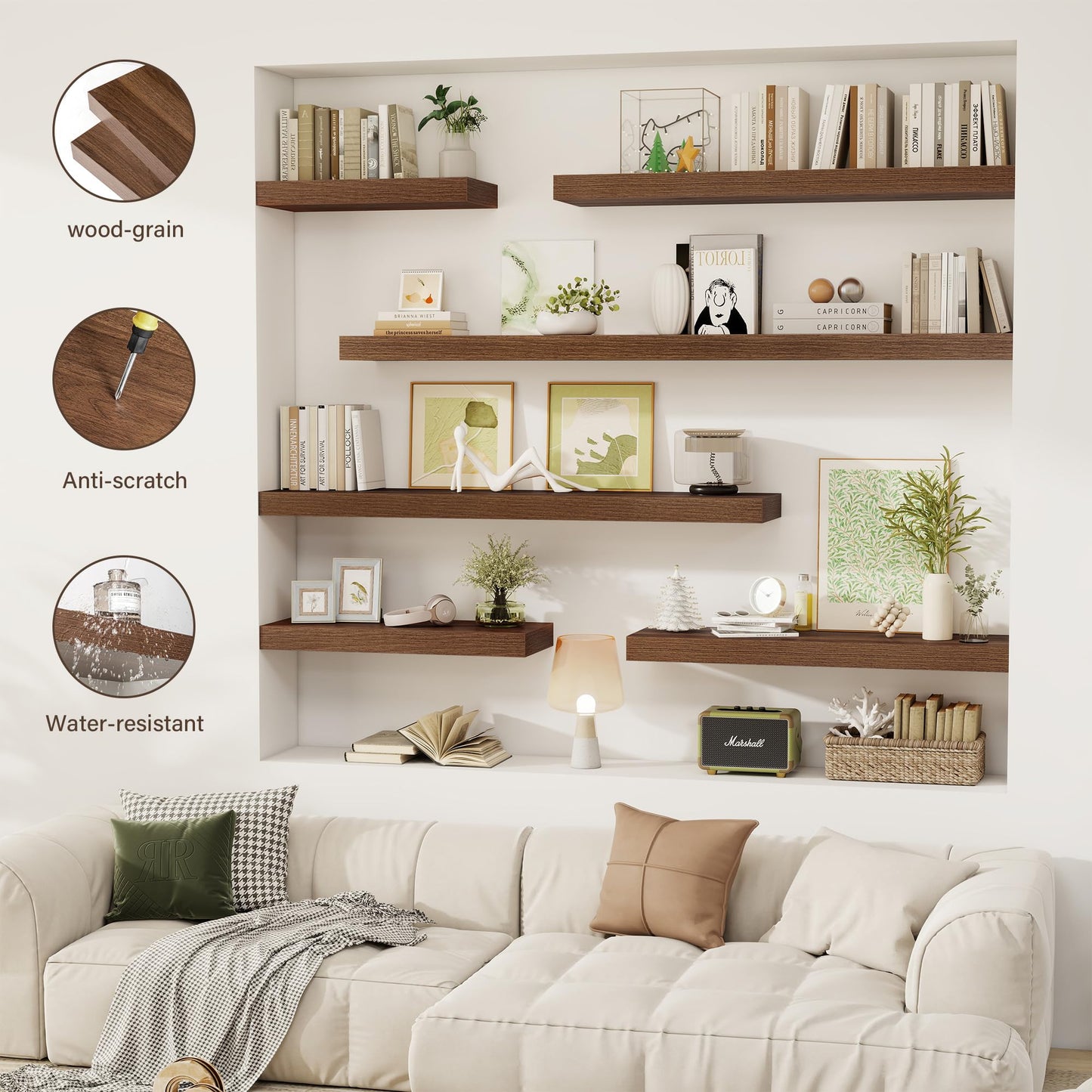 Acovy 30 Inch Floating Shelves, 12" Deep Floating Shelf Wall Mounted, 30" Wall Shelves, Rustic Deep Bookshelf, Extra Deeper & Thicker Display Shelves for Bedroom, Living Room, Walnut, Set of 2